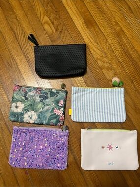 5 Small Cosmetic Pouches - 4 ipsy Floral, Striped, Sequin, Black, Blue & White